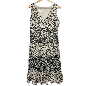 Talbots Silk Leopard Print Midi Dress Tan Women’s 6 Sleeveless Tiered Ruffled